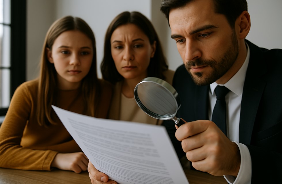 A Caucasian man in a black suit and tie examining documents, focusing on document fraud detection