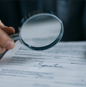 Forgery analysis in progress — a magnifying glass inspects a handwritten signature 