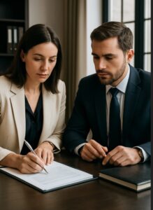 Forgery analysis services — two professionals reviewing and signing legal documents in an office setting.