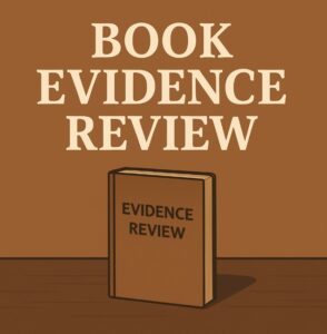 A flat-style legal illustration symbolizing a book evidence review, featuring a closed hardcover book