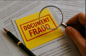 A visual representation of a document fraud investigation in progress, with a magnifying glass