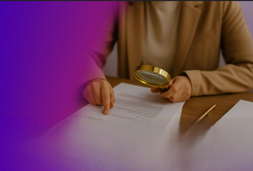 Forgery analysis services — a professional inspects a legal document using a magnifying glass, pointing to potential forgery