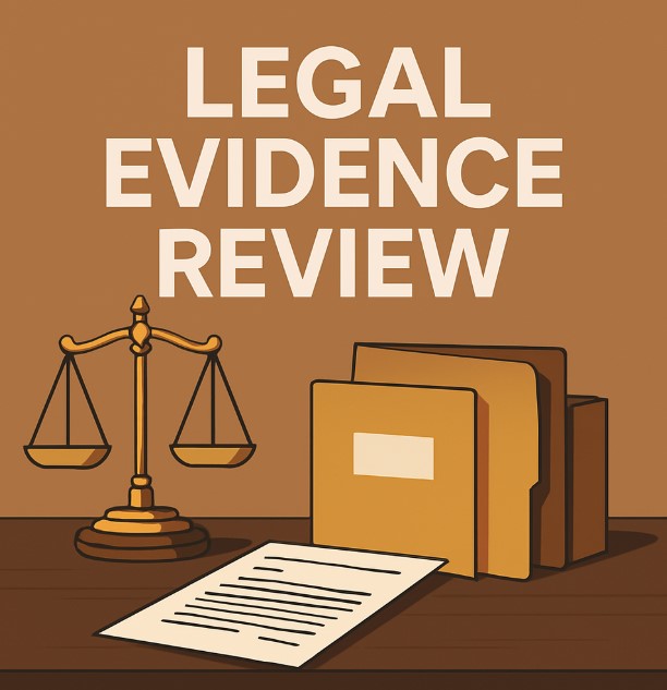 A minimalistic legal-themed illustration representing a legal evidence review, featuring brass scales of justice,