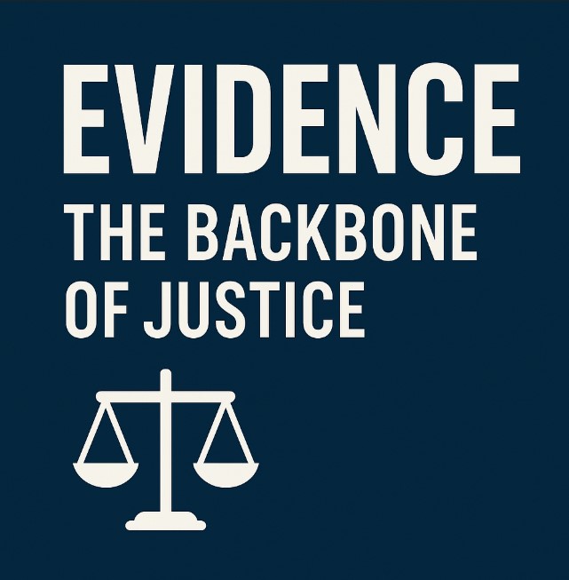 "Banner with 'EVIDENCE – The Backbone of Justice' and a legal scale icon on a blue background